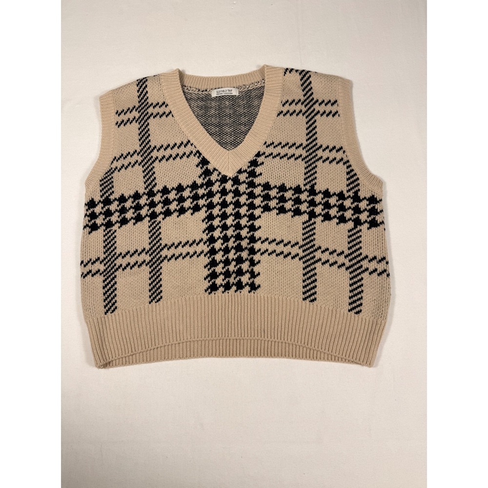 3.3 Field Trip Sweater Vest OS Beige Black Houndstooth Plaid Academia Preppy